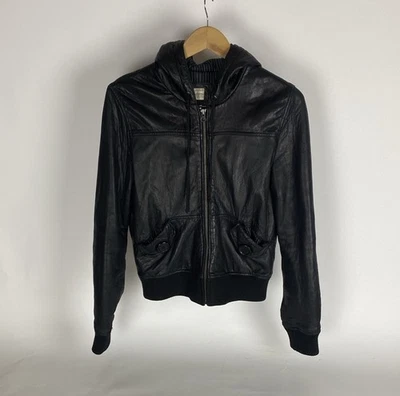 Aqua Leather Bomber Jacket Hooded Genuine Leather Women’s Size M - Image 1 of 4