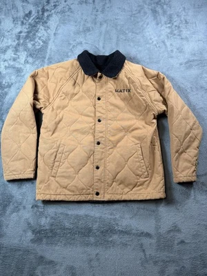 Matix Jacket Mens Medium Tan Quilted Canvas Sherpa Collar Snap Front Lined Black - Image 1 of 4