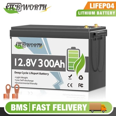 TCBWORTH LiFePO4 12V 300Ah Deep Cycle Lithium Battery 200A BMS for RV Solar Boat Off-grid