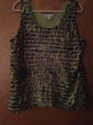 Laura & Ashley Sleeveless Ruffle Top -XL Polyester Black Green Tan &Cream  — 第 1/4 张图片