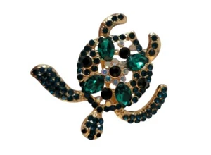 Broche Pin Tortuga Marina Metal Tono Dorado Cristales Verdes Nuevo 2" Moderno Nuevo Acuático - Imagen 1 de 5