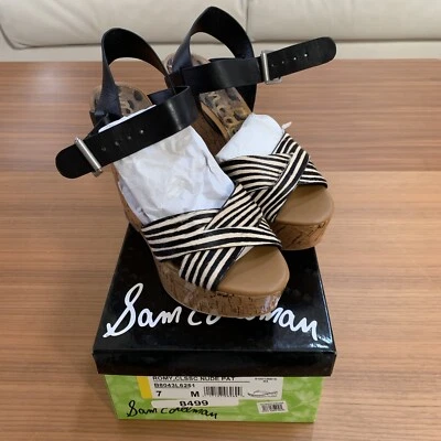 Sandalias Sam Edleman Clásicas Sasha Cuña Plataforma Tacón Punta Abierta Pelo de becerro cebra Foto 1 de 4