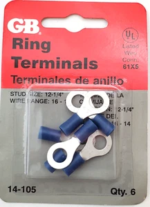Gardner Bender 14-105 Pack of 6 Ring Terminals Wire Range #14-#16 AWG 1/4" Stud - Picture 1 of 7
