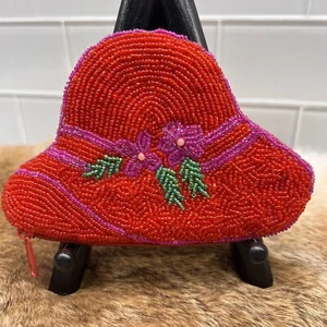 Vintage roter Hutmacher Weihnachtsmotiv Perlen Münzbörse Red Hat Society - Bild 1 von 5