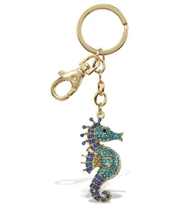 Aqua79 Seepferdchen Gold Schlüsselanhänger - Blau Funkelnde Strass Charm mit Verschluss - Bild 1 von 9