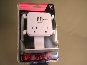 2 Outlet Extender Socket Surge Protector Wth Wall Shelf Station 2 USB Charge NIB - Picture 1 of 8