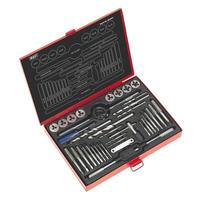 Conjunto de torneiras e matrizes Sealey 37 peças matrizes divididas ferramenta de corte de rosca métrica aço M3 - M12 - Imagem 1 de 4