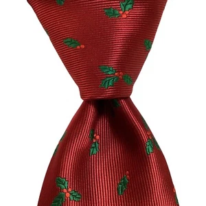 JOHN ASHFORD Men's Polyester Slim Necktie Designer CHRISTMAS HOLLY Red/Green EUC - Picture 1 of 3