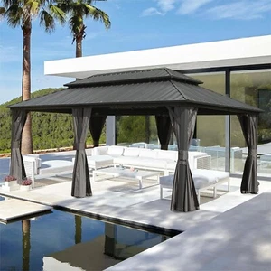 SHPAI 12’x20’ Outdoor Aluminum Hardtop Gazebo,w/ Curtains and Netting, Dark Grey - Picture 1 of 9