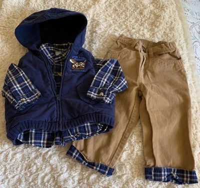 Sonoma Niños Azul Marrón Sudadera con Capucha Chaleco Cuadros Manga Larga Camisa Pantalones 18 Meses Foto 1 de 4