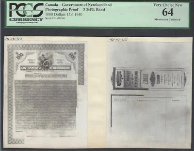 Canada-Newfoundland 1000 Dollars 15-6-1940 - 3 3/4% Bond Photographic Proof UNC - Image 1 of 2