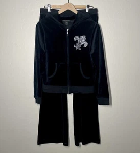 NWOT Vintage Y2K Velour Bling Track Suit Womens L Black Rhinestone Fleur de Lis - Picture 1 of 18