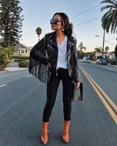 Fringe Leather Jacket Women Black Biker Moto Size S M L XL XXL 3XL Custom Made - Picture 1 of 5