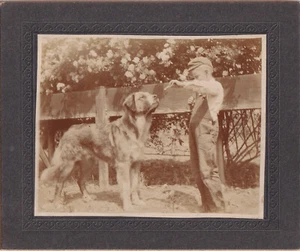 KABINETTKARTE FOTO Junge füttert Hund draußen - Bild 1 von 2
