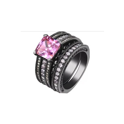 Juego de anillos dobles enchapados en oro blanco en negro con solitario rosa talla 7 nuevos con etiquetas Foto 1 de 4