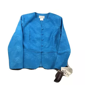 Karin Stevens Jacket Womens 16 Blue Jacquard Floral Long Sleeves Button Up NWT - Picture 1 of 11
