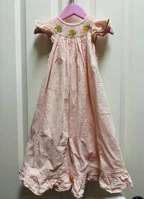 Vestido Vive La Fete Niñas Calado Naranja/Verde Guinga Manga Corta Pez Talla 4 Foto 1 de 4