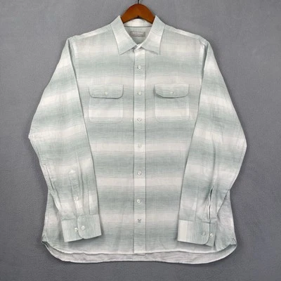 Camisa Hickey Freeman Hombre XL Lino Mezcla Algodón Blanco Azul Ligera Abotonada Foto 1 de 4
