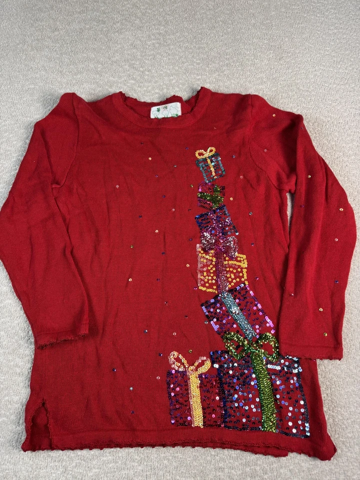 Quacker Factory Sweater Womens Medium Red Sequin Ugly Christmas Presents Top - Image 1 of 4