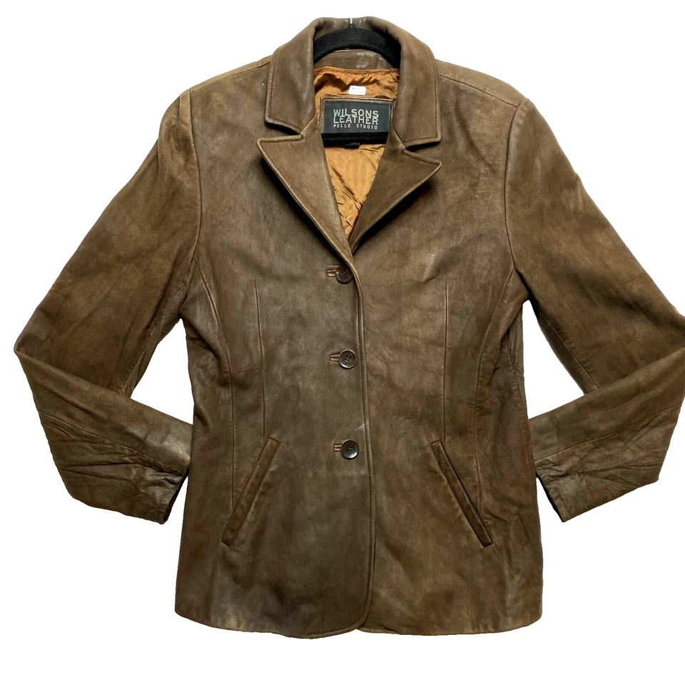 Chaqueta Blazer De Colección Wilsons Para Mujer M Marrón Oscuro Cuero Genuino 3 Botones Y2K Foto 1 de 4
