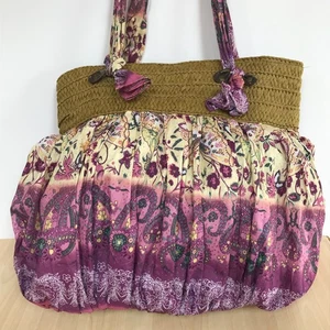 Raffia and Fabric Shoulder Bag Boho Holiday Festival Purple & Yellow 34x35cm - Picture 1 of 13