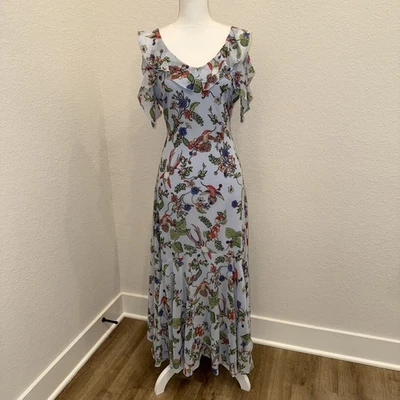 Vestido Nanette Lepore Para Mujer 8 Azul Floral Volantes Midi Estampado de Pájaros Boho Jardín Foto 1 de 4