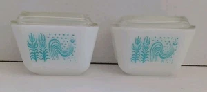 2 Vintage Pyrex 501B 1 1/2 Cup Amish Print Refrigerator Dish Lid Turquoise - EUC - Picture 1 of 5
