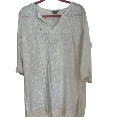 VTG Peppermint bay white cotton tunic embellished XL embellished Beachy - Image 1 of 4