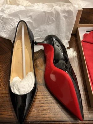 Christian Louboutin Kate 55 Black Patent Classic Pointed Kitten Low Heel Pump 35 - Image 1 of 4