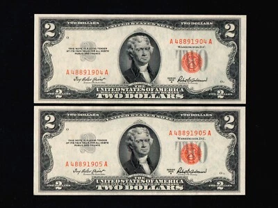2Pcs$2 1953-A United States Note Red Seal GEM UNC X 2 Sequentially Numbered H76 - Image 1 of 2