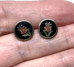 Post earrings Enamel finish-cloisonne style-small round-Red flower on Black - Picture 1 of 3