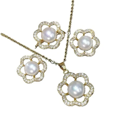 CONJUNTO Pendientes Perlas Blancas Naturales 8.7-9.2mm Chapados en Oro 14K Plata 925 Foto 1 de 3