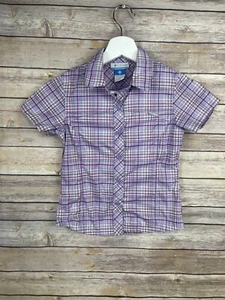 Columbia Girls Small Plaid Outdoor Shirt Short Sleeve Purple White Button Up Top - Picture 1 of 9