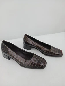 Rockport Women's Heels 9 Brown Block Heel Pumps Square Toe Croc Embossed - Picture 1 of 11