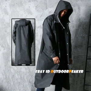 Men Black Waterproof Long Raincoat Rain Coat Hooded Trench Jacket Outdoor Hiking - Picture 1 of 9