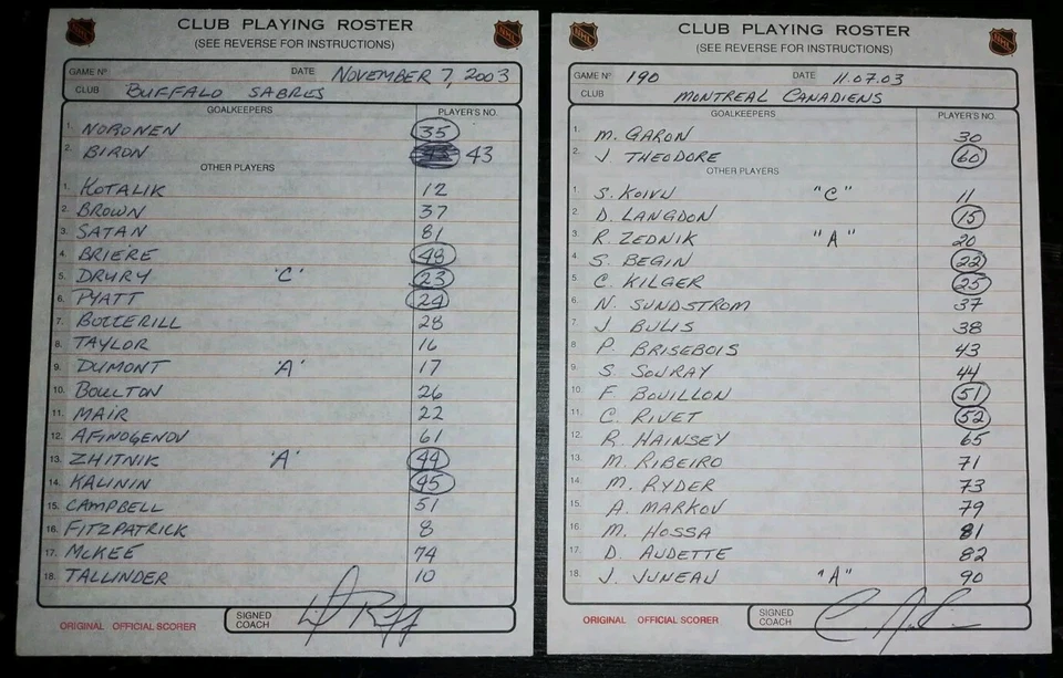 BUFFALO SABRES MONTREAL CANADIENS 2003 SIGNED LINEUP CARDS BRIERE GOAL THEODORE - Image 1 of 1