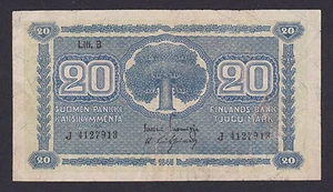 Finland 20 Markkaa 1945, Pick: 86, Litt. B,  Series: J 4127913, VF - Bild 1 von 2