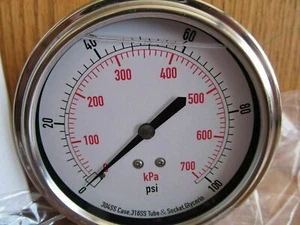 Stainless 3-1/2" Pressure GAUGE 1/4"npt back port 0-100psi filled #4CFV2 (#-83) - Picture 1 of 4
