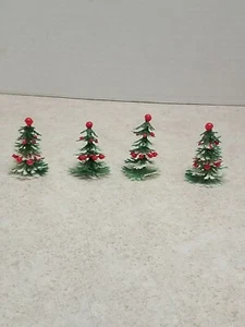 4 Vintage Dollhouse Christmas Tree with Red Ornaments 2" Cake Toppers, Village - Picture 1 of 8