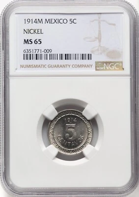 MEXICO ESTADOS UNIDOS 1914  5 CENTAVOS COIN, NGC CERTIFIED GEM UNCIRCULATED MS65 - Image 1 of 4