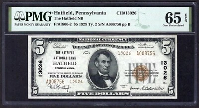 🇺🇸PA 1929 $5 TYPE-2  ♚♚HATFIELD, PENNSYLVANIA♚♚ PMG GEM UNC 65 EPQ - Image 1 of 2