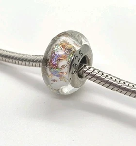 🩷White Foil Glitter Murano Glass Bead Charm Genuine S925 Sterling Silver🩷 - Picture 1 of 7