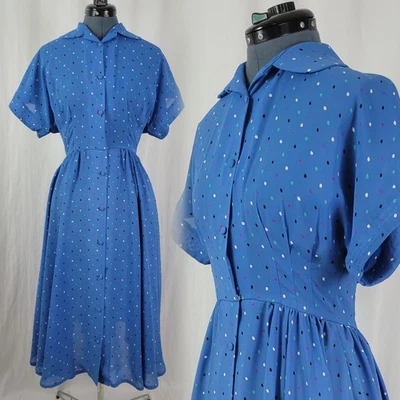Vintage Blue Blouson Dress w Polka Dots & Button Down Front Size XS? - Image 1 of 4