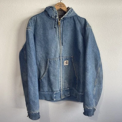 Винтажная джинсовая куртка с капюшоном Carhartt J08DST США с подкладкой искусственно состаренная L - Изображение 1 из 4
