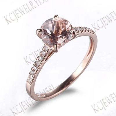 Real 10K Rose Gold Sharp Claw Natural Diamond Round 8mm Morganite Gemst​one Ring - Image 1 of 4