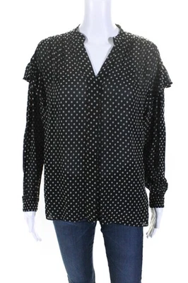 10 Crosby Derek Lam 女式斑点印花荷叶边纽扣衬衫黑色 2 码 — 第 1/4 张图片