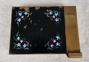 Vintage VOLUPTE ottone compatto dipinto a mano fiori smalto nero trucco scorta anni 50 - Foto 1 di 13