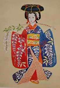TOKYO BUNKA EMBROIDRY Geisha Bild Set Golden Sparkly Fabric Japan Open Box - Bild 1 von 21