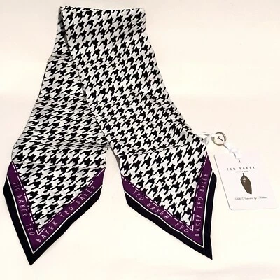 TED BAKER Silk Scarf Houndstooth Black & White Purple Skinny Tie-Scarf Dogstooth - Image 1 of 3