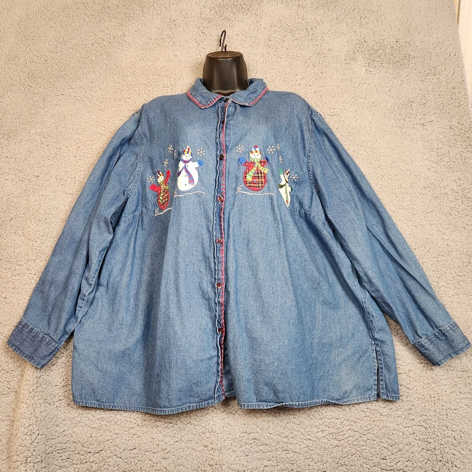 Vintage White Stag Winter Denim Shirt Womens Plus Size 24/26 Snowmen Winter - Image 1 of 4